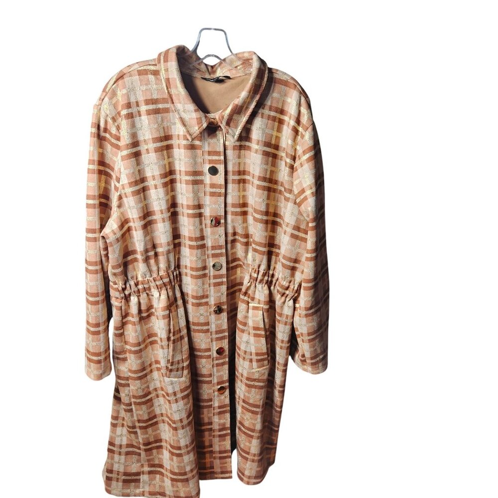 Alice Blue 3X Plaid Button-Down Longline Jacket With Elastic Waist & Pockets &Sp